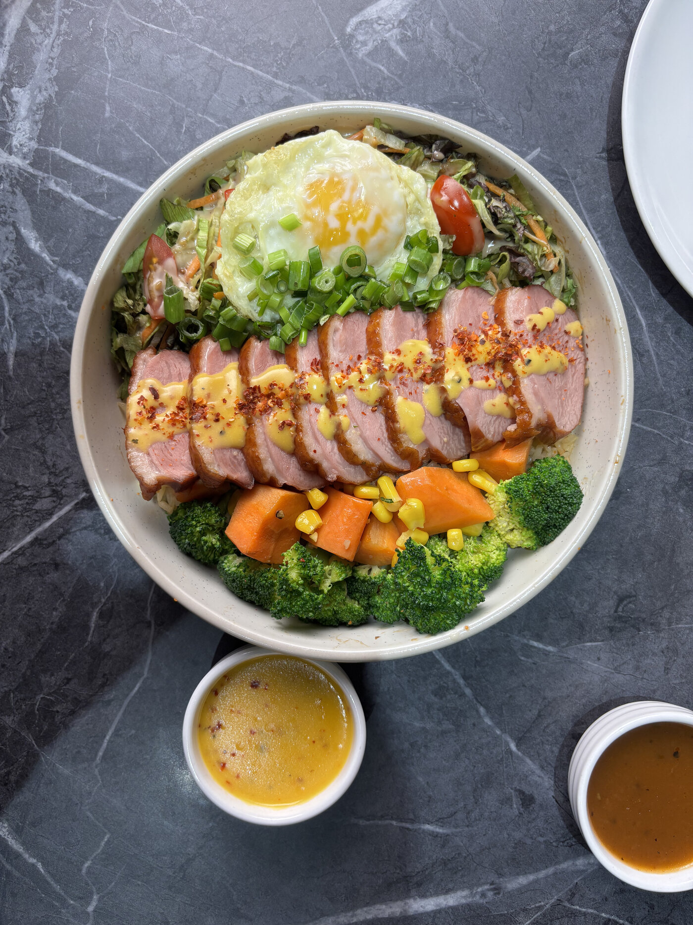 Smoked Duck Lunch Bowl with Salmon Teriyaki, Chicken Katsu, Sirloin or Smoked Duck